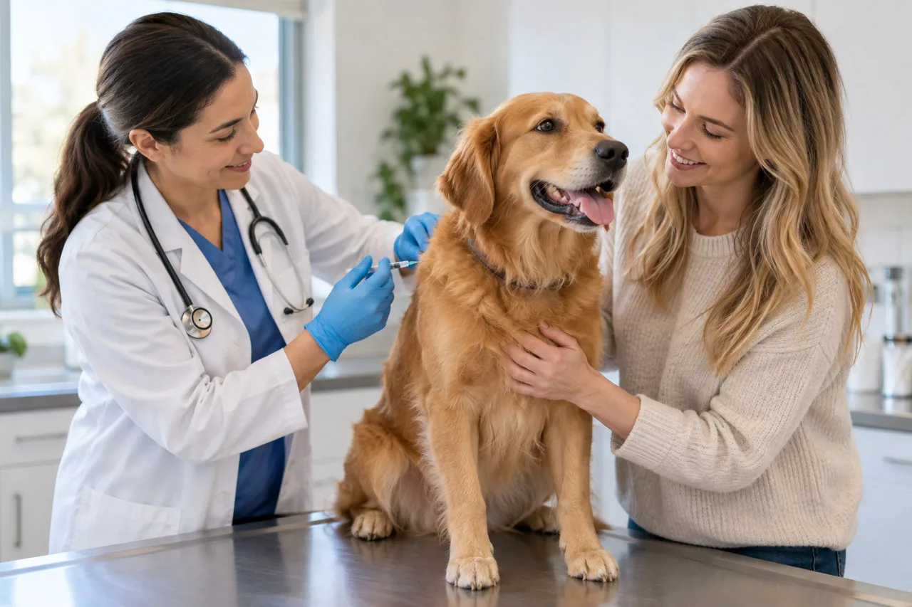 Veterinarian examining a dog with an owner beside it