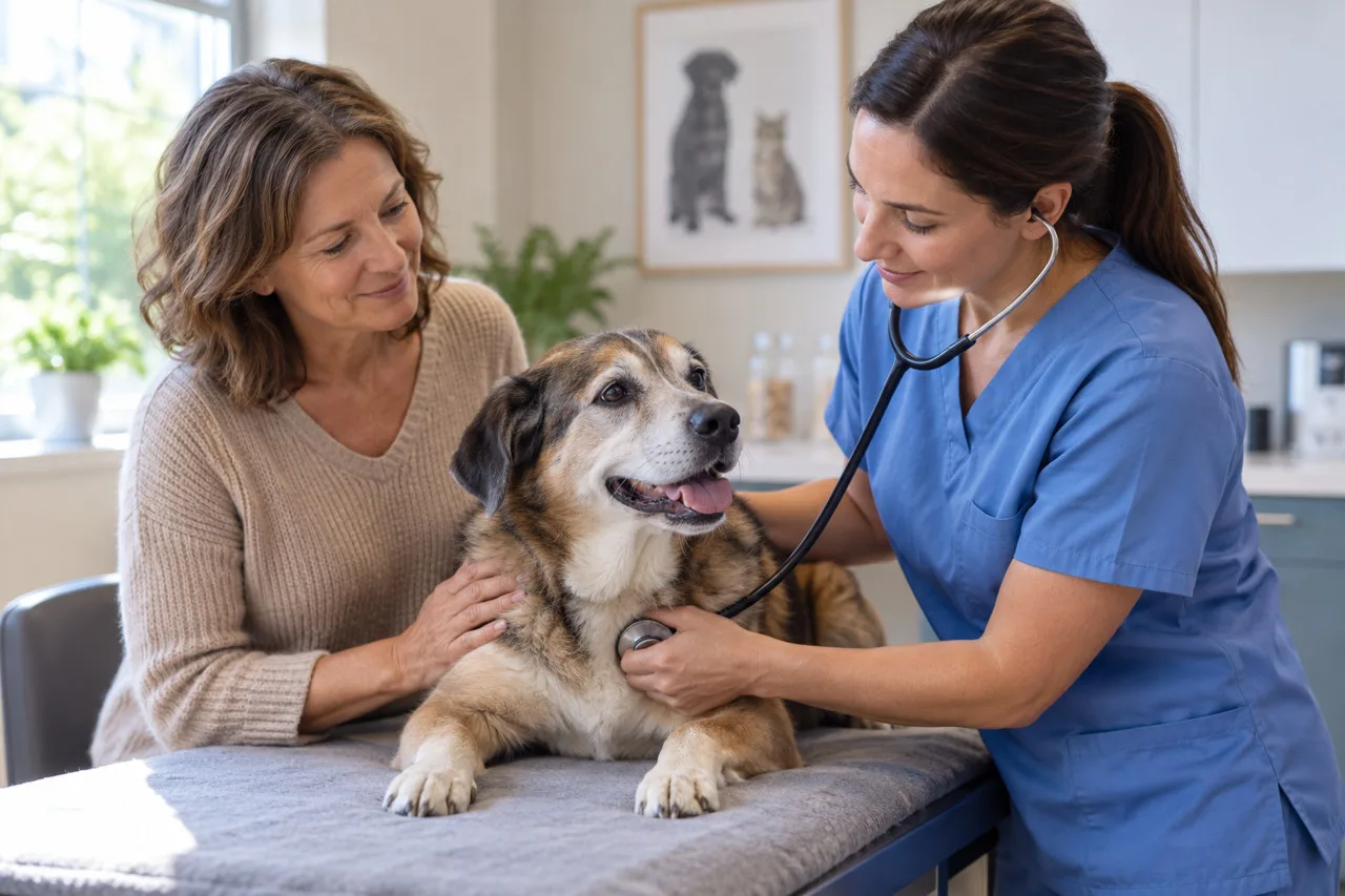 Veterinarian examining a gray-muzzled dog with its owner